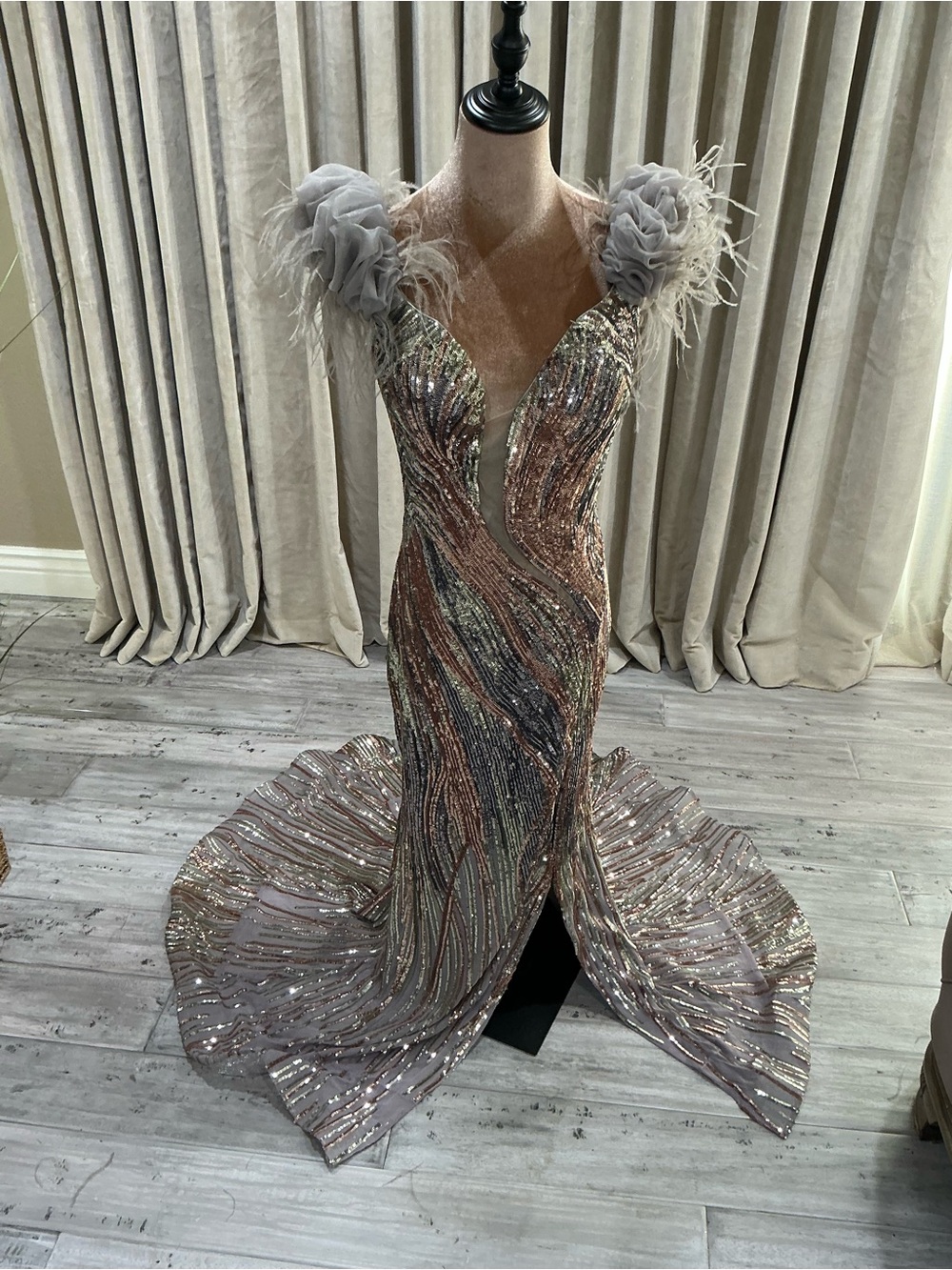Jovani Silver-Taupe Sequin Feather-Shoulder Mermaid Gown